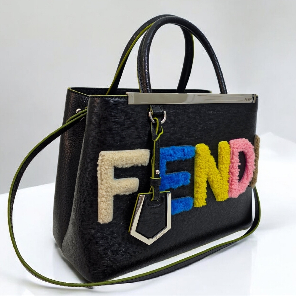 Fendi 2Jours Black Leather Tote Crossbody Bag Multicolor Shearling Logo - Picture 9 of 16